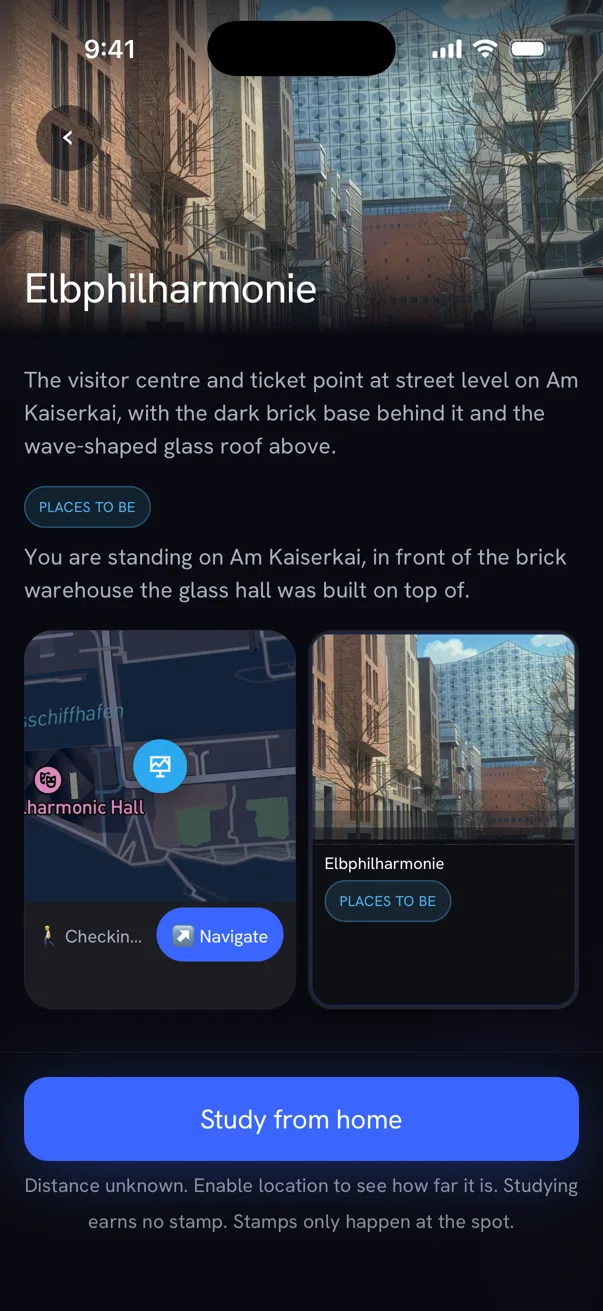 Elbphilharmonie in the Urban Passport app: card artwork, briefing and map
