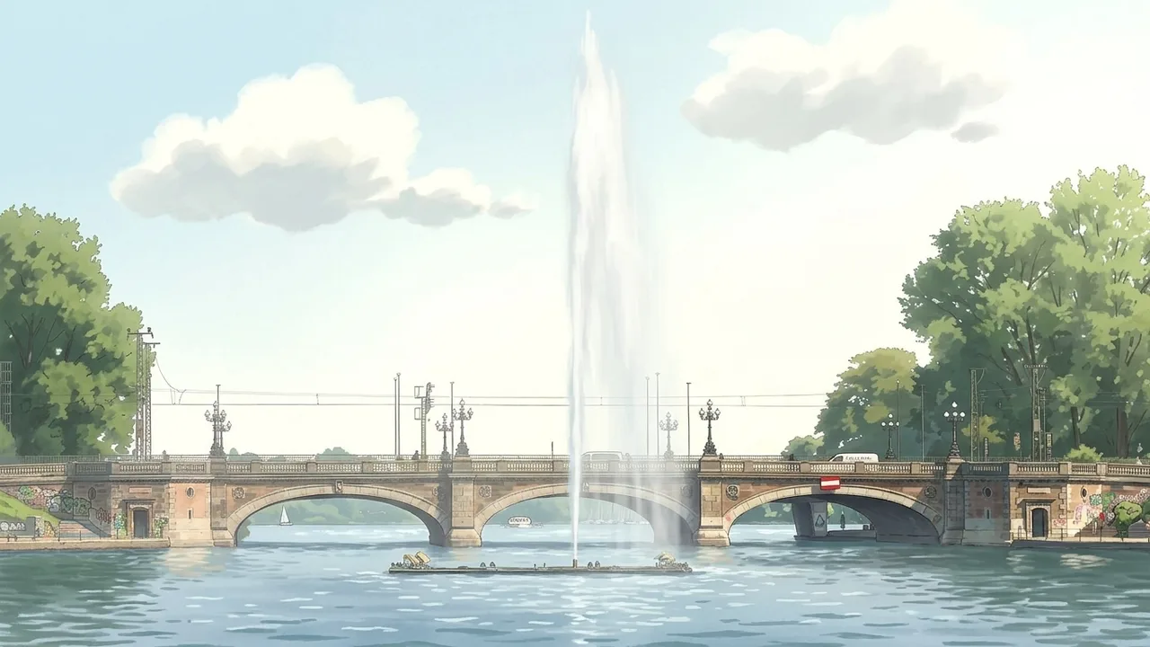 Alster fountain: a column of water in front of the Lombardsbrücke on the Binnenalster